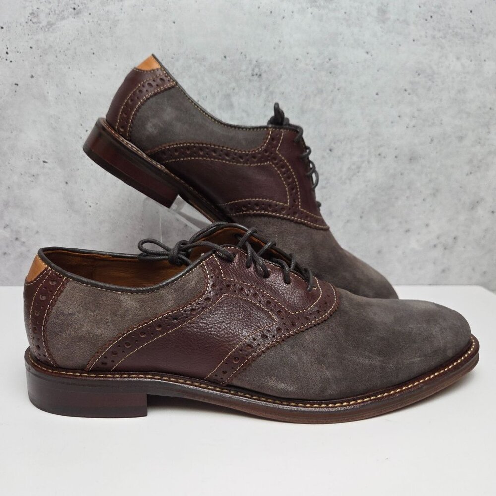 Johnston & Murphy Warner Gray & Mahogany Leather/Suede Mens Saddle Oxford Shoes